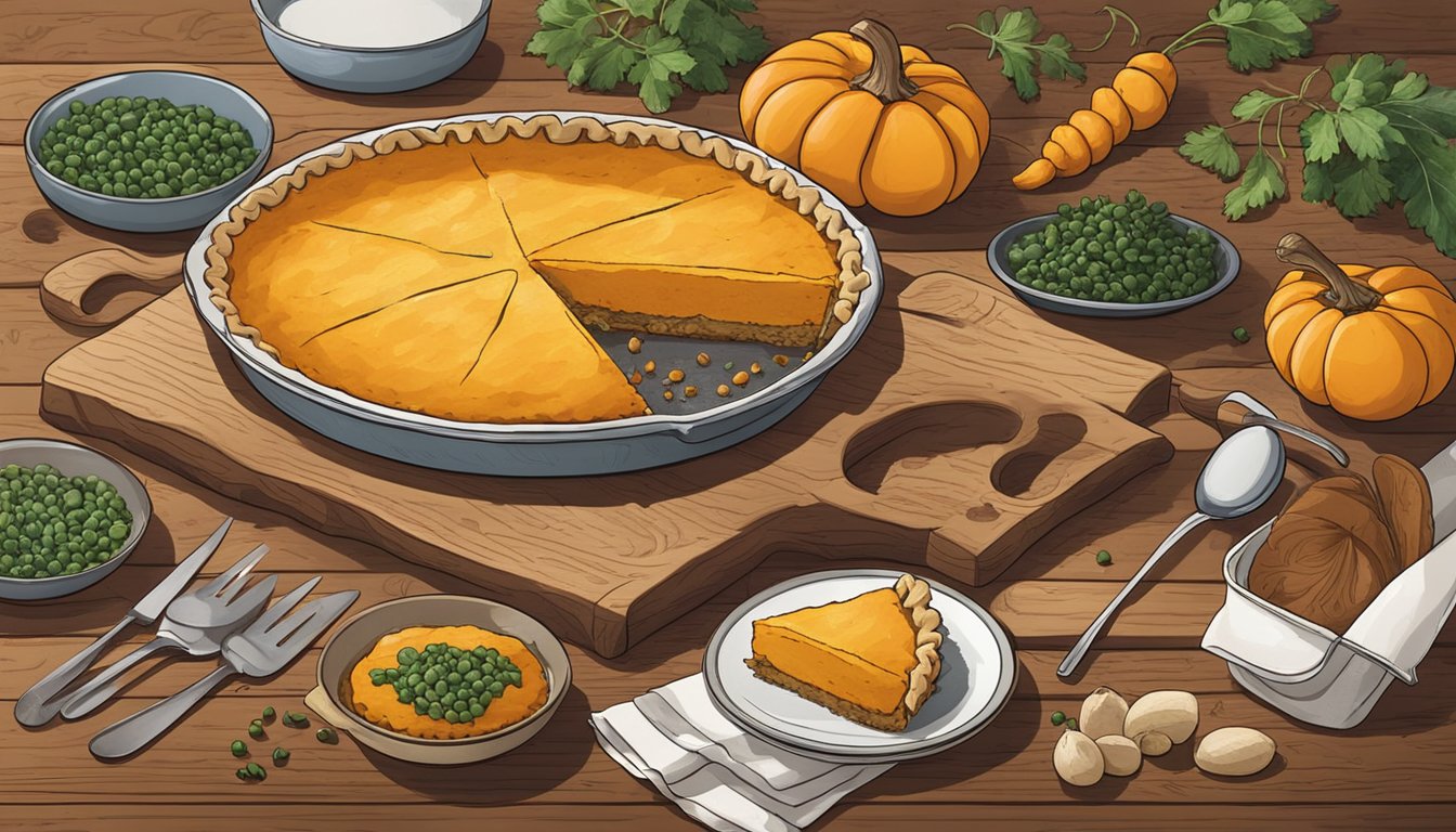 A hand placing a golden-brown butternut squash lentil pie onto a rustic wooden table, surrounded by scattered ingredients and kitchen utensils