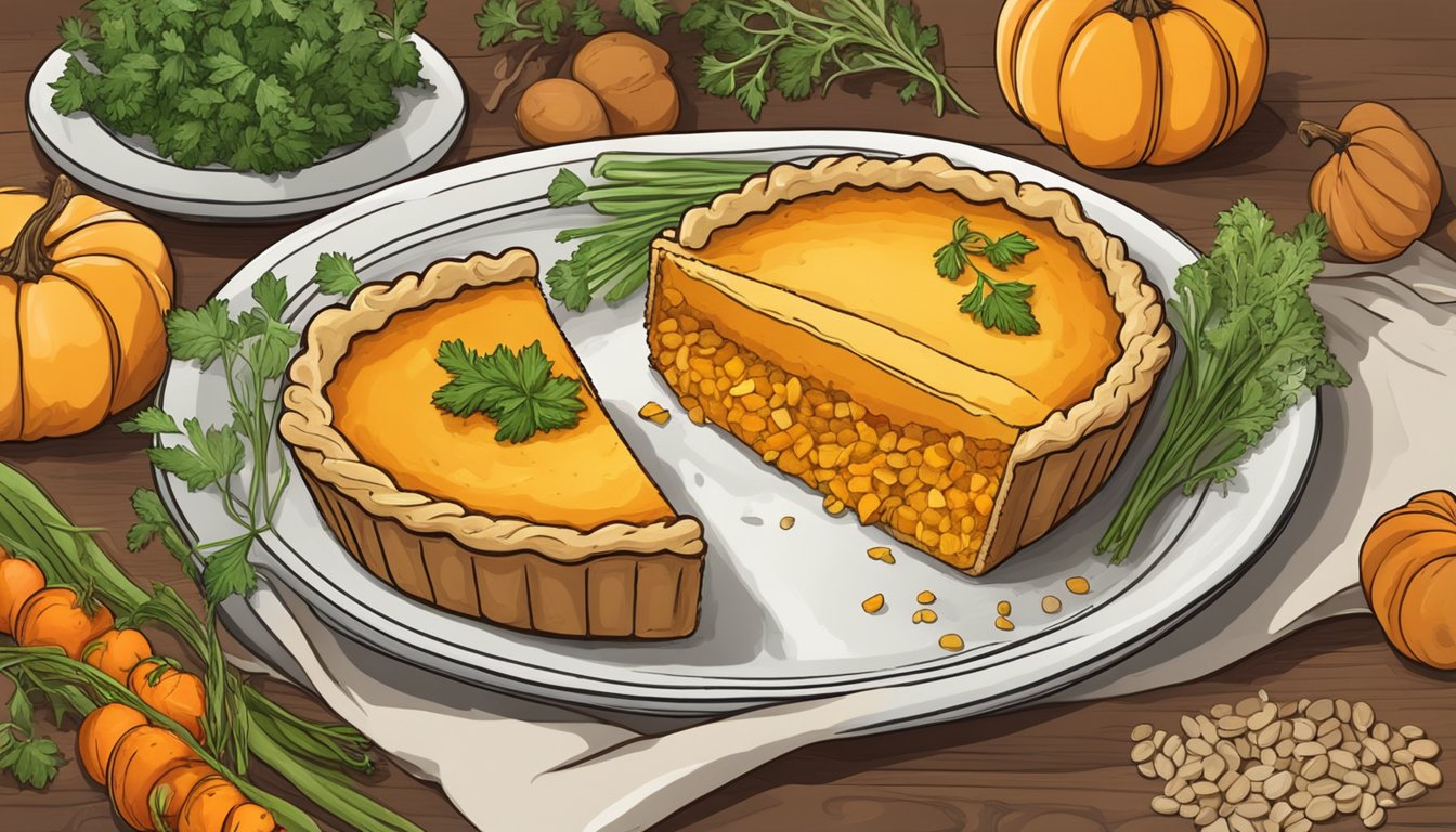 A rustic wooden table with a golden-brown butternut squash lentil pie on a ceramic plate, garnished with fresh herbs and surrounded by colorful seasonal vegetables