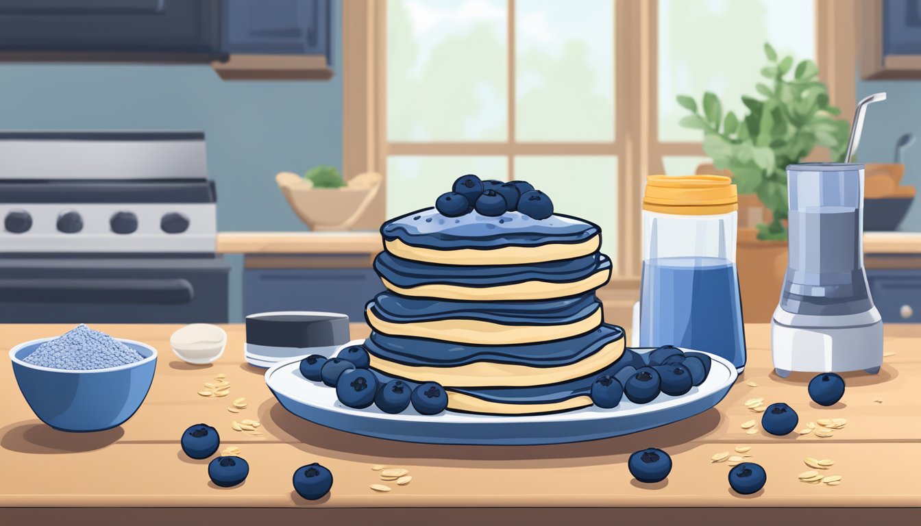 A stack of blueberry protein pancakes sits next to a blender filled with ingredients like blueberries, protein powder, and oats