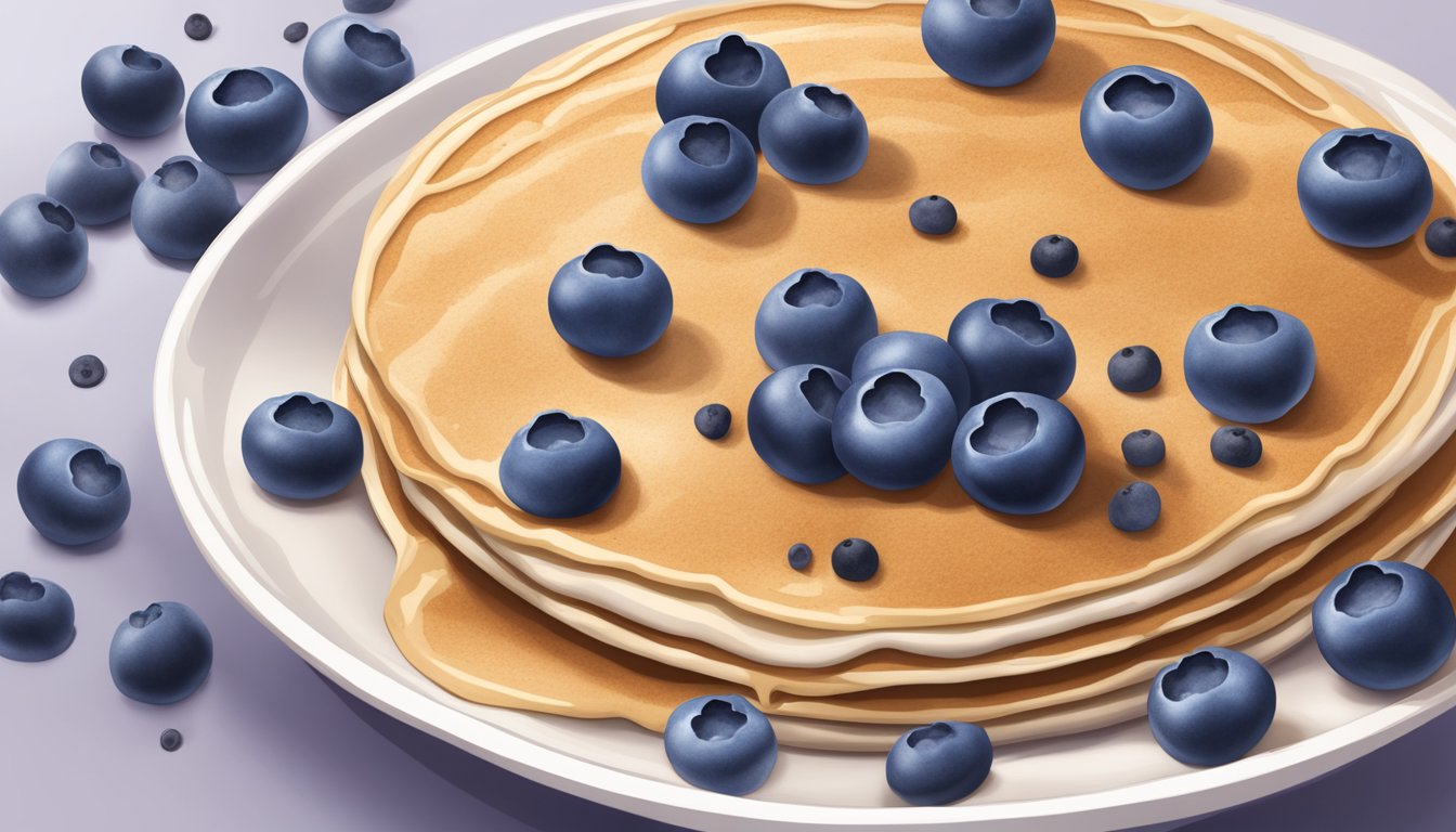 A blender whirring blueberry pancake batter with added protein powder