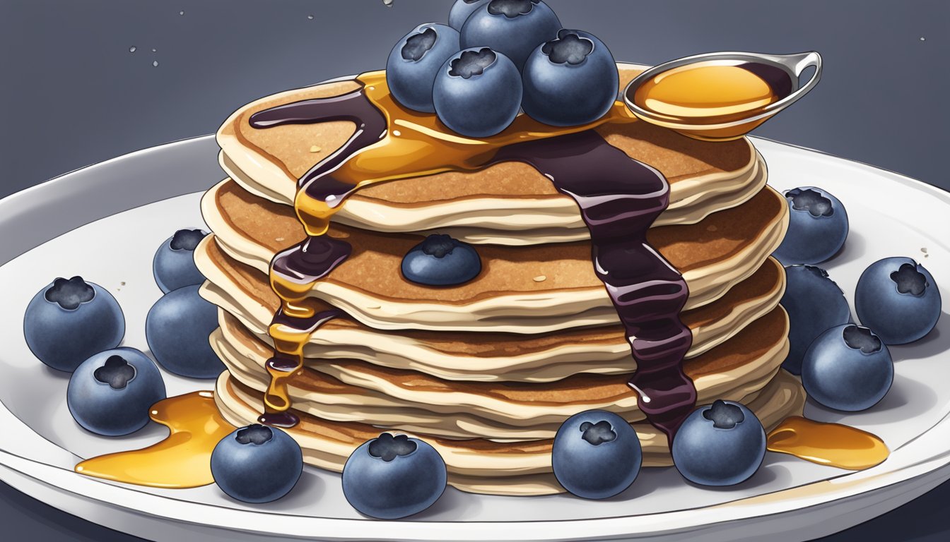 A stack of blueberry protein pancakes topped with fresh blueberries, a drizzle of honey, and a sprinkle of chia seeds, served on a white plate