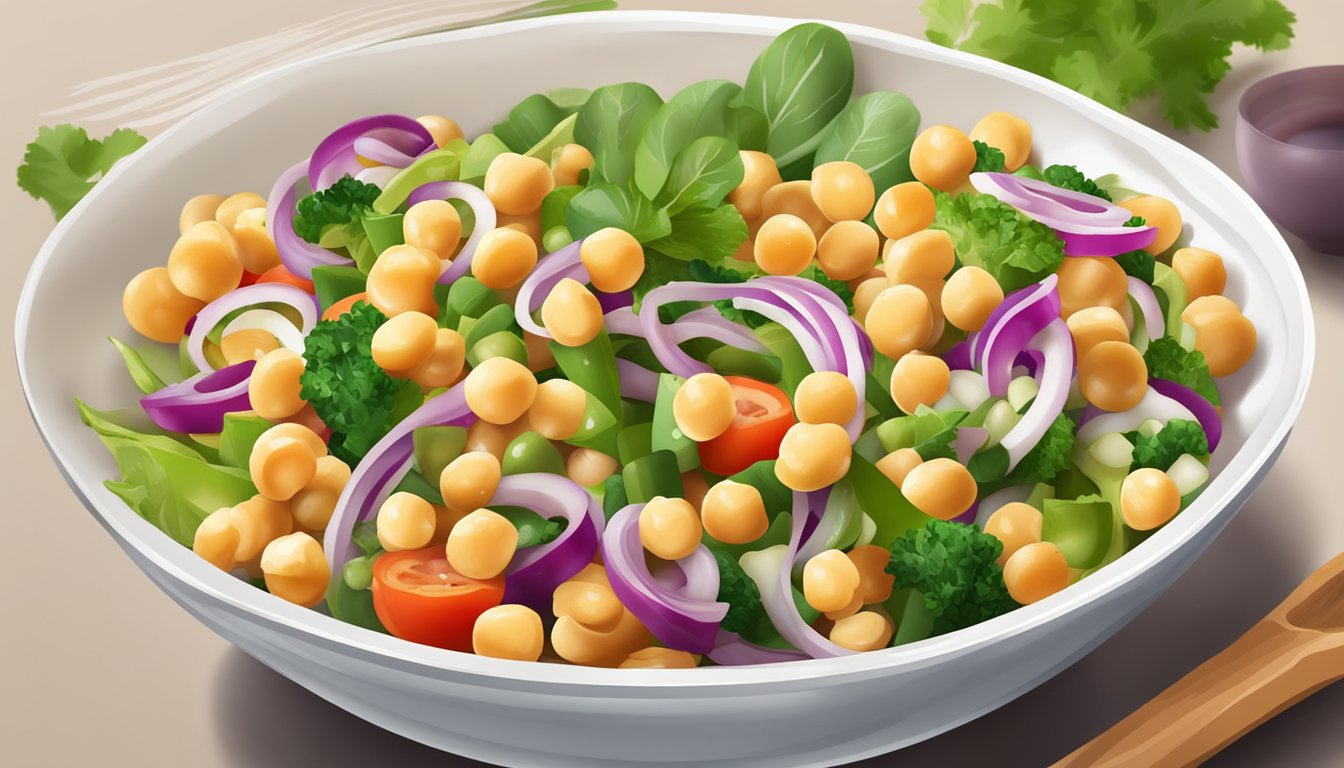 A bowl of chickpea salad with colorful veggies and a drizzle of dressing