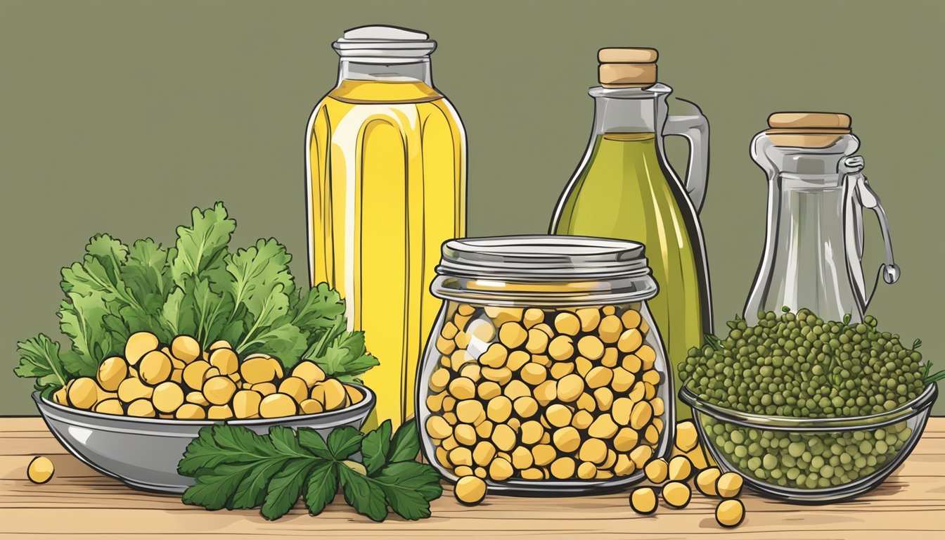 A glass jar filled with chickpeas, olive oil, lemon juice, and herbs, surrounded by fresh vegetables and a bowl of mixed greens