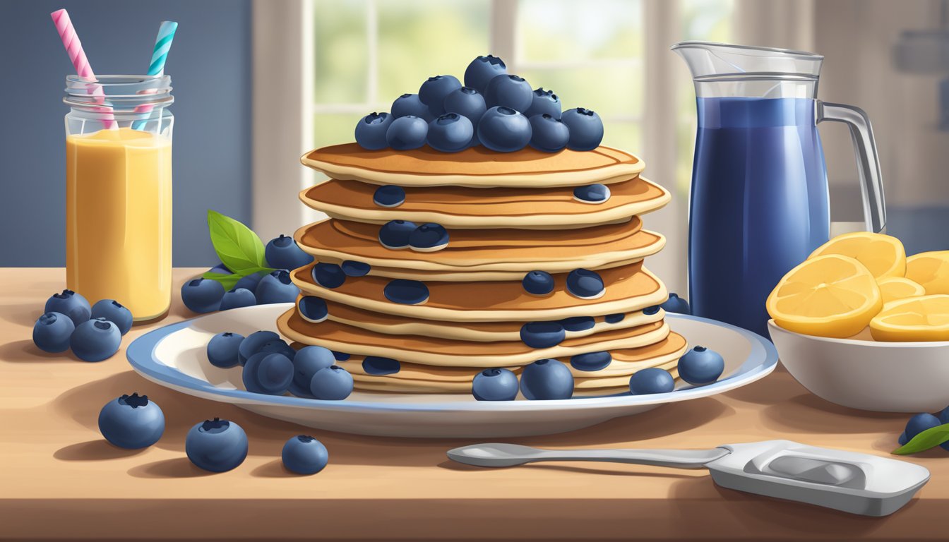 A stack of blueberry protein pancakes surrounded by fresh blueberries and a blender filled with ingredients