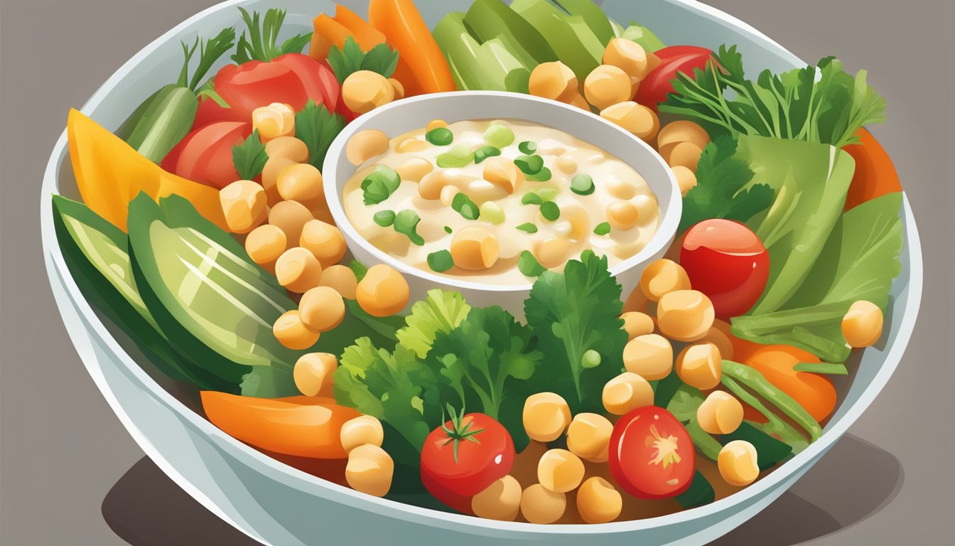 A colorful array of fresh vegetables and chickpeas arranged in a bowl, with a drizzle of dressing on top