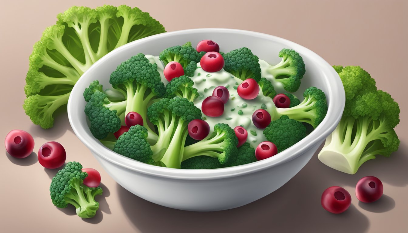 A bowl of vibrant green broccoli florets and red cranberries drizzled with creamy dill dressing