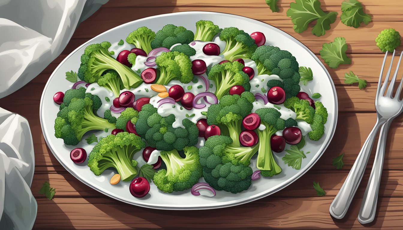 A colorful broccoli and cranberry salad, drizzled with creamy dill dressing, sits on a white plate against a rustic wooden backdrop