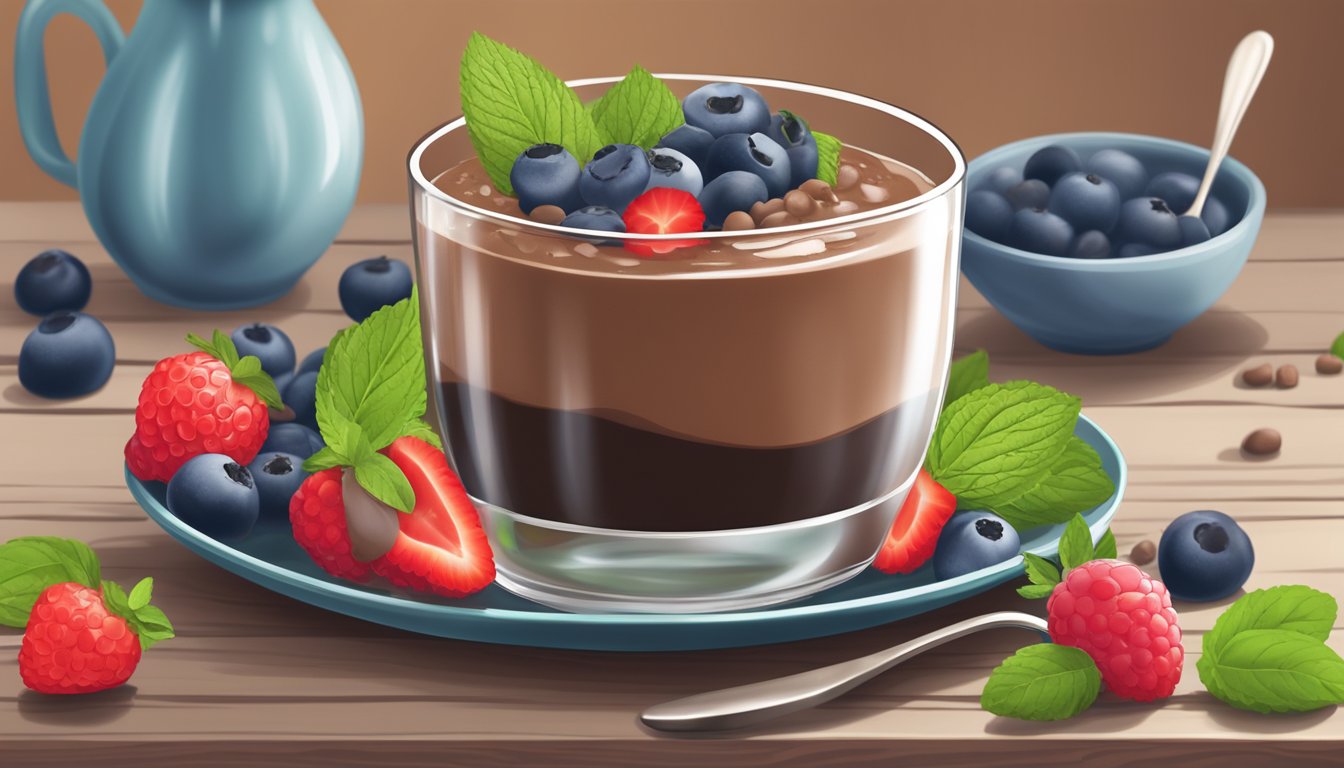 A glass bowl filled with smooth, creamy chocolate chia mousse topped with fresh berries and a sprig of mint, served on a wooden table