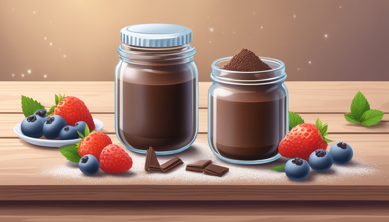 A glass jar filled with chocolate chia mousse sits on a wooden table, surrounded by fresh berries and a sprinkle of cocoa powder