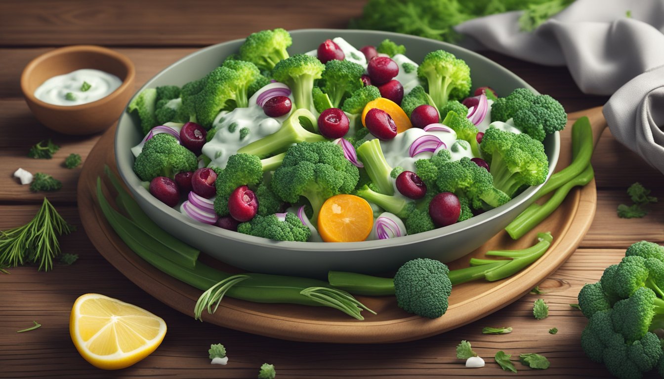 A bowl of broccoli and cranberry salad with creamy dill dressing, surrounded by fresh ingredients and placed on a rustic wooden table