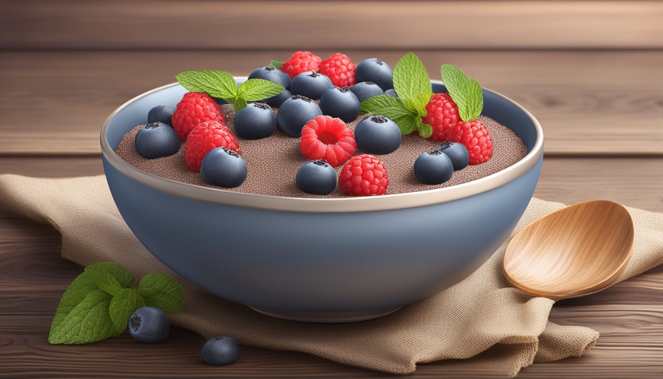 A bowl of rich, creamy chocolate chia mousse topped with fresh berries and a sprinkle of chia seeds, served on a rustic wooden table