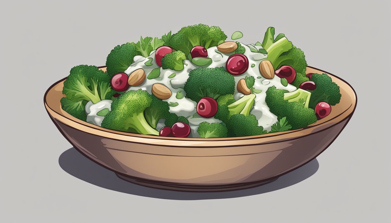 A colorful bowl of broccoli and cranberry salad with creamy dill dressing, garnished with fresh herbs and a sprinkle of nuts