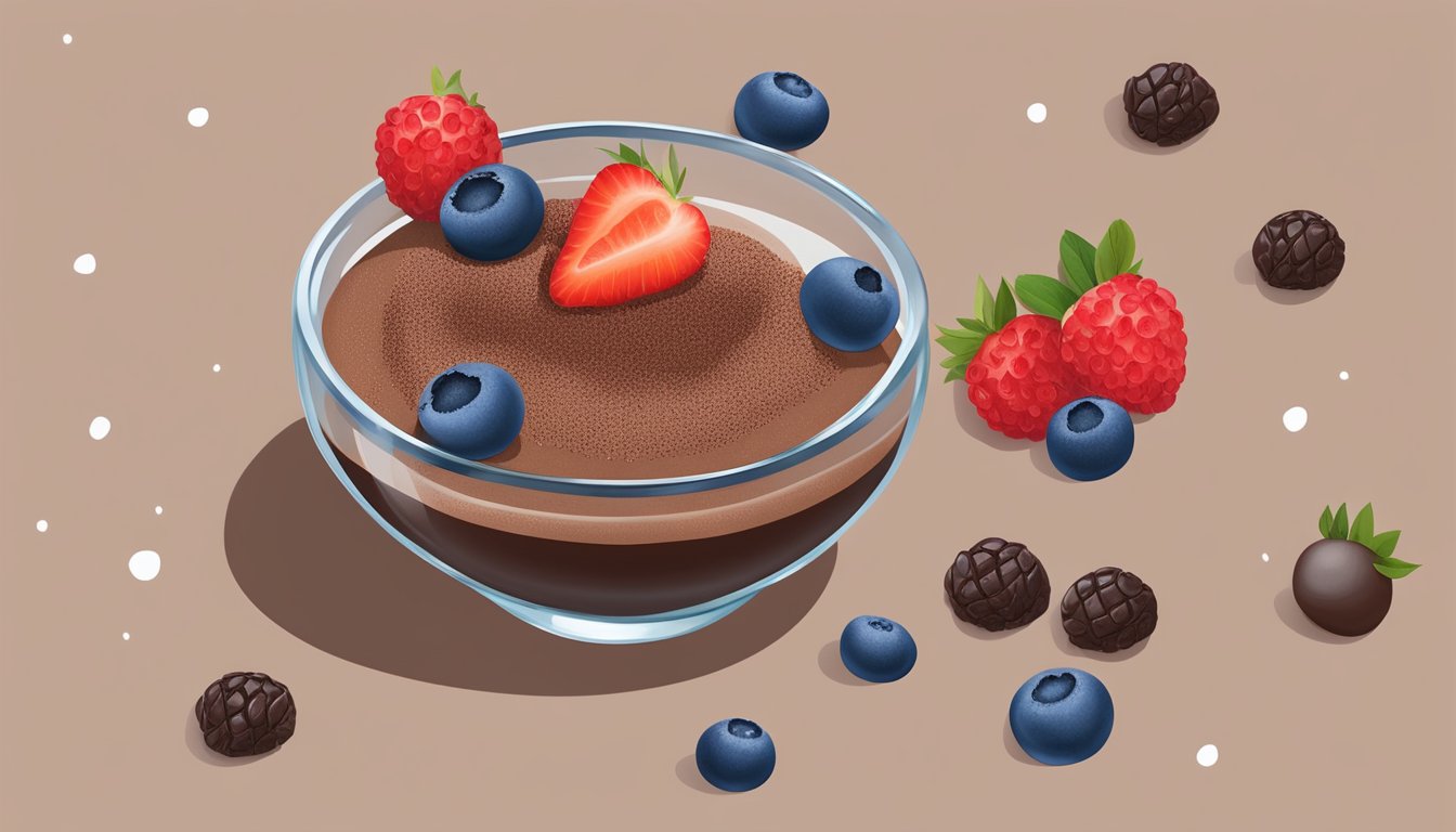 A glass bowl filled with rich, creamy chocolate chia mousse topped with fresh berries and a sprinkle of cocoa powder