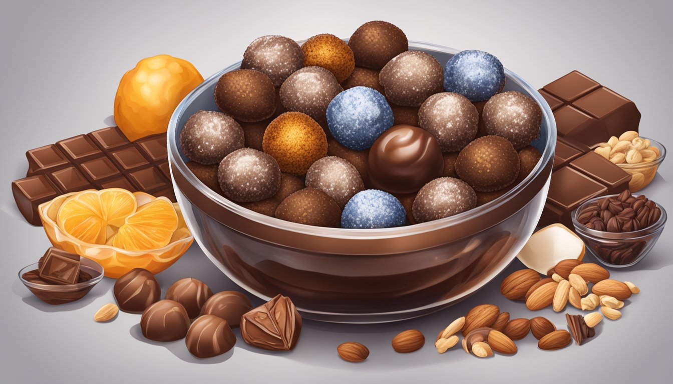 A glass bowl filled with chocolate protein truffles surrounded by various mix-ins and flavor enhancements like nuts, dried fruits, and cocoa powder