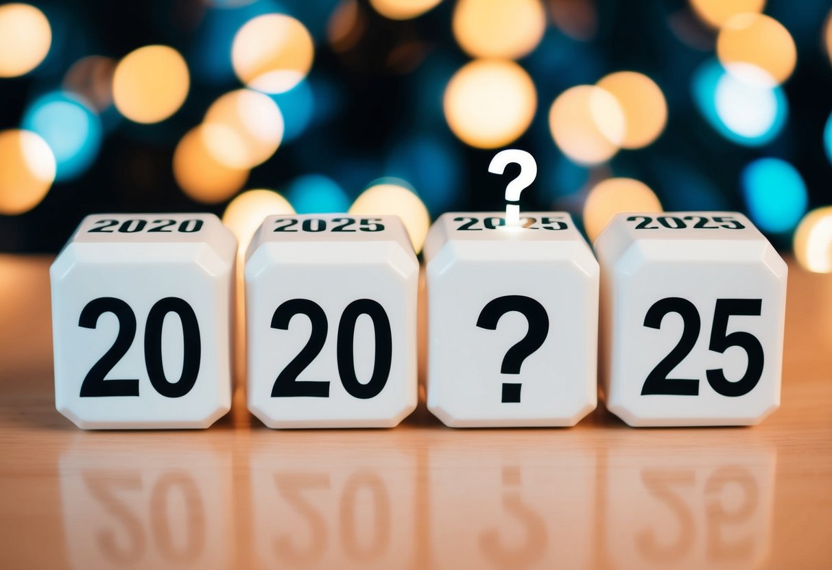 Um calendário mostrando os anos 2020 e 2025 com um ponto de interrogação acima do ano 2020