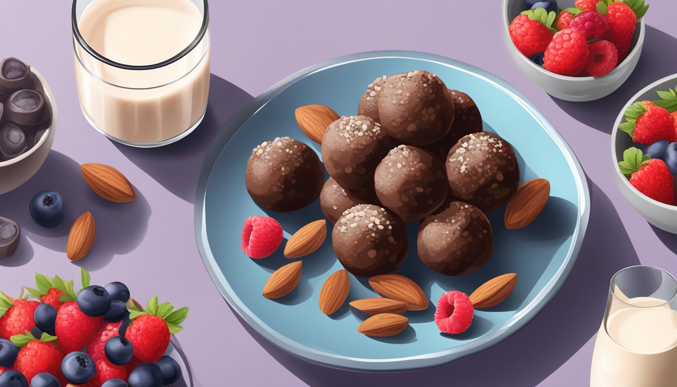 A plate of chocolate protein truffles surrounded by fresh berries and nuts, with a glass of almond milk on the side