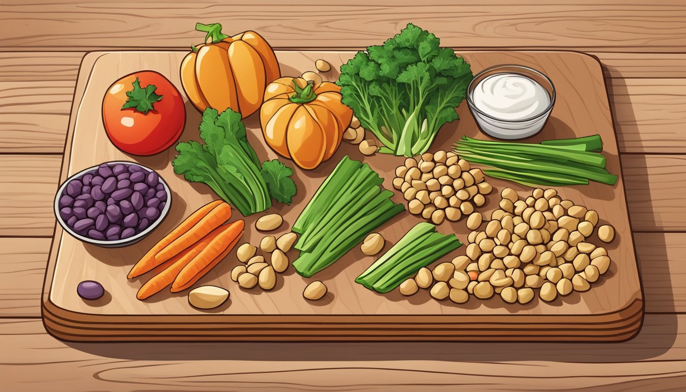 A colorful array of chickpeas, almonds, and vibrant vegetables, all neatly arranged on a wooden cutting board, ready to be crafted into the perfect patty