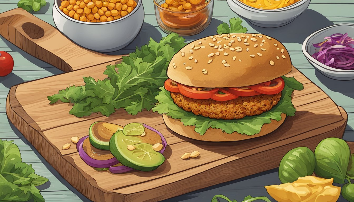 A sizzling chickpea almond burger surrounded by vibrant, fresh ingredients on a wooden cutting board