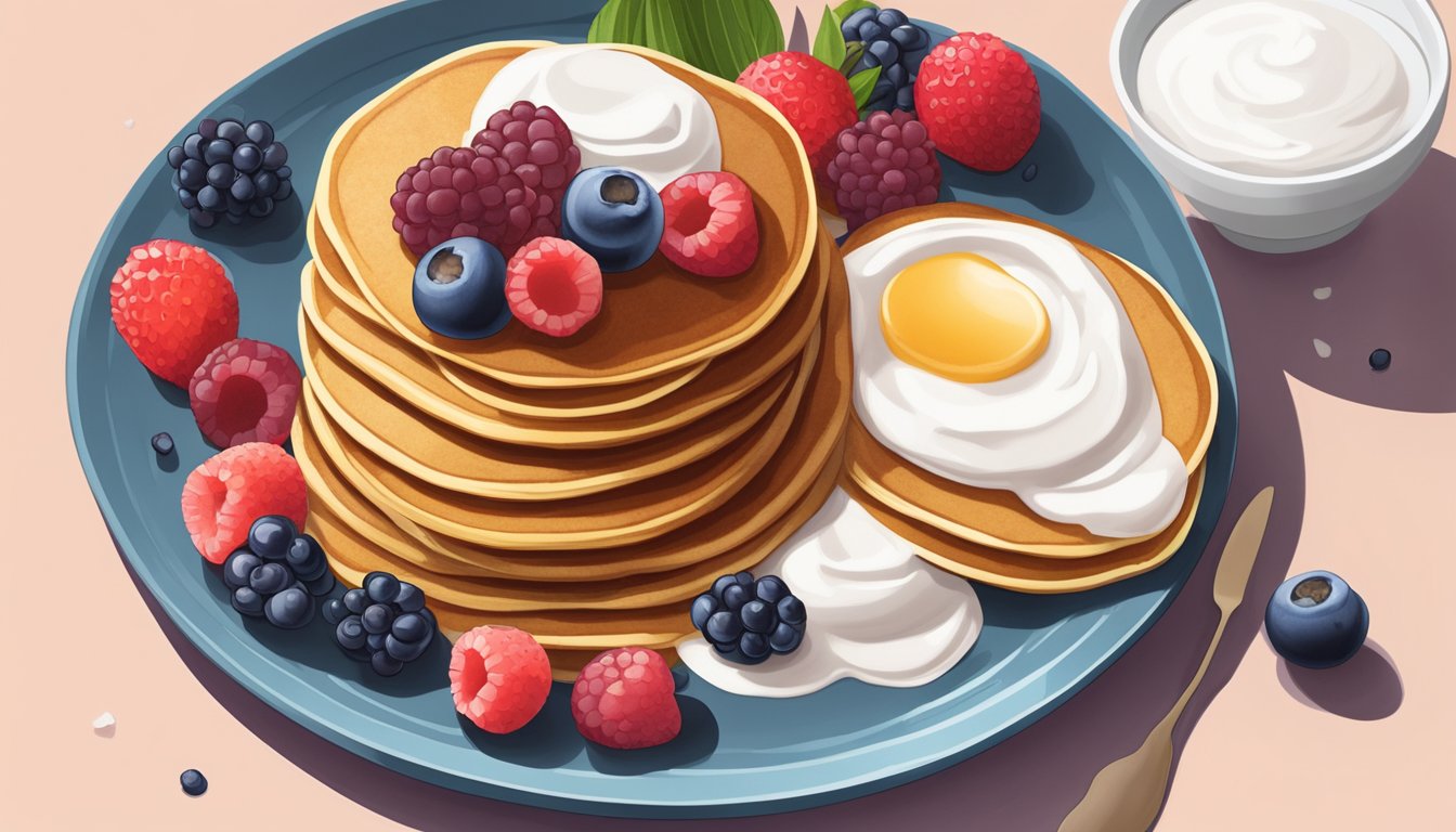 A stack of golden brown coconut flour banana pancakes on a plate with a dollop of coconut yogurt and fresh berries on the side