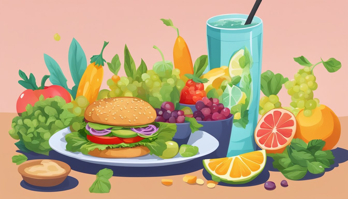 A platter with a chickpea almond burger, surrounded by colorful and vibrant fruits and vegetables, with a glass of refreshing drink