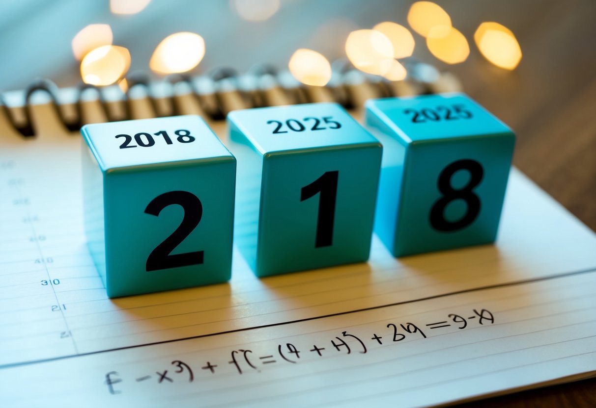 Um calendário mostrando os anos de 2018 e 2025 com uma equação matemática simples escrita em um pedaço de papel