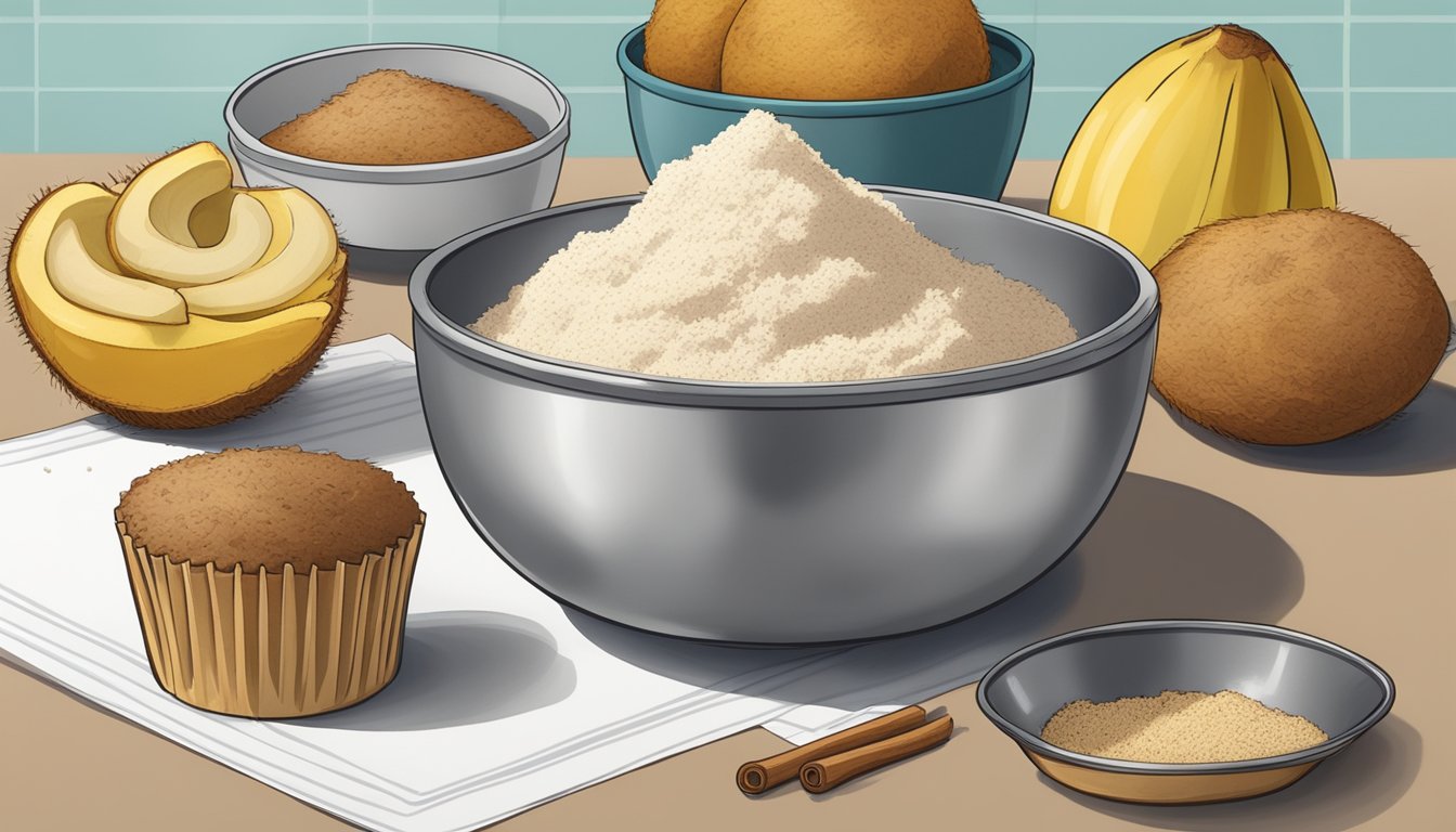 A bowl of coconut flour, ripe bananas, and spices on a kitchen counter, with a muffin tin and paper liners nearby