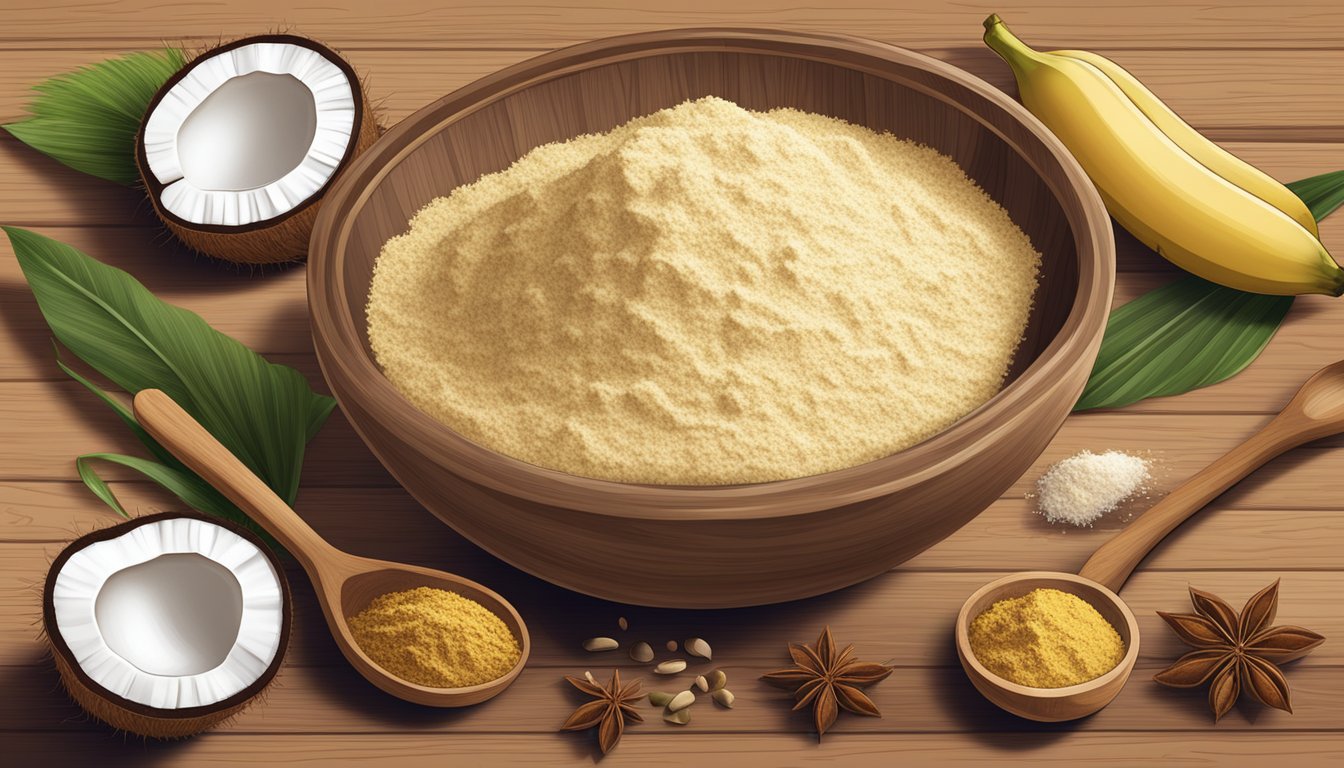 A bowl of coconut flour, bananas, and various spices arranged on a wooden table