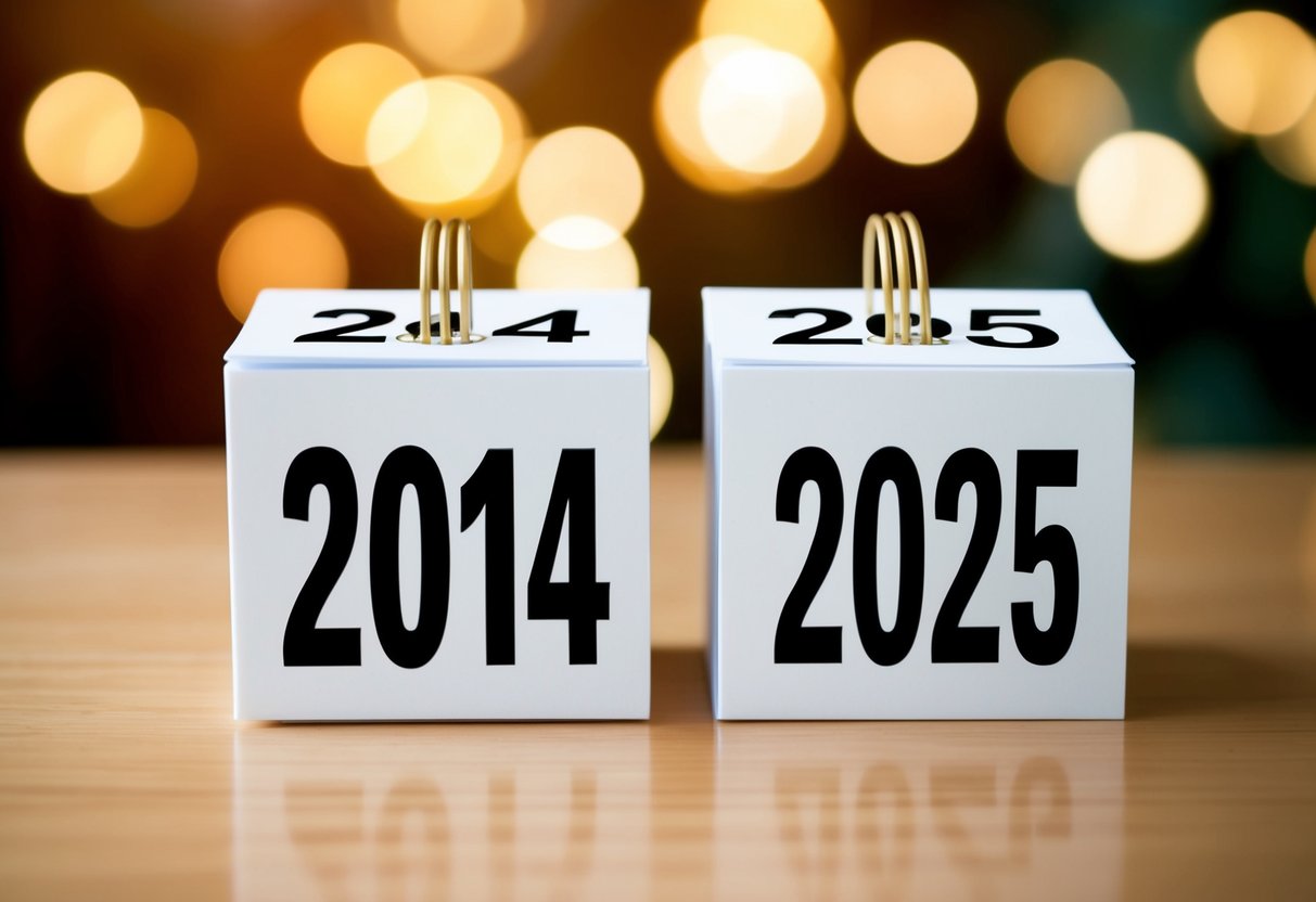 Um calendário mostrando os anos de 2014 e 2025 com uma indicação clara da diferença de 11 anos