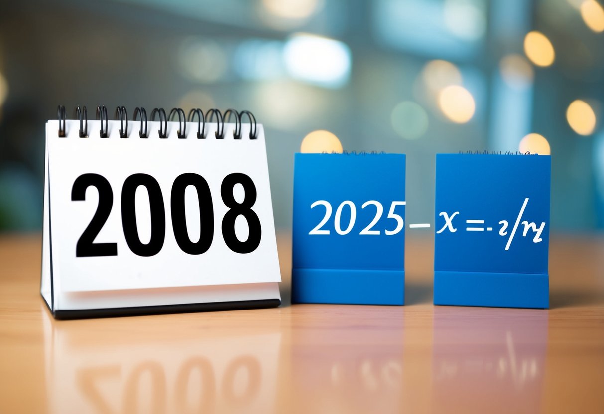 Um calendário mostrando os anos de 2008 e 2025 com uma equação matemática escrita ao lado.