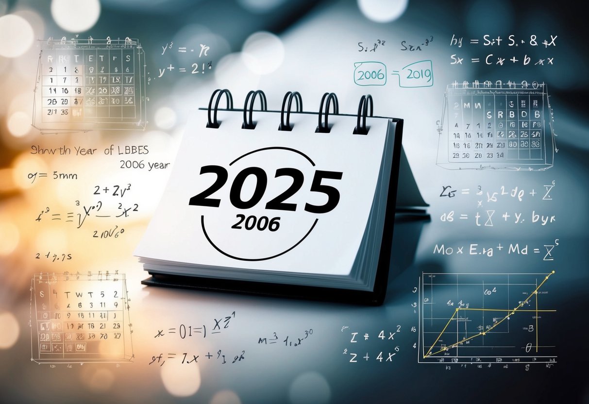 Um calendário mostrando o ano de 2025 com o ano de nascimento de 2006 circundado, cercado por equações e símbolos matemáticos.