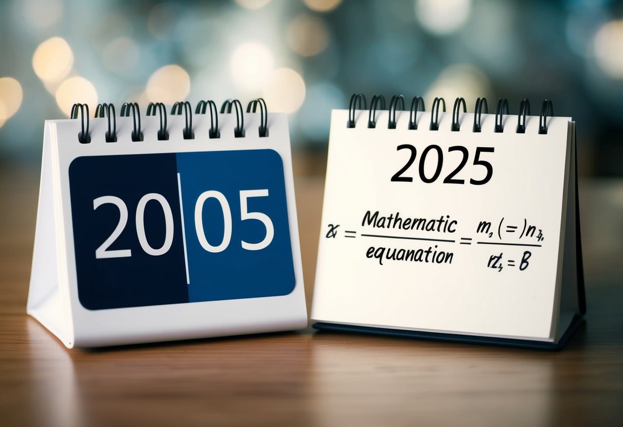 Um calendário mostrando os anos de 2005 e 2025 com uma equação matemática escrita ao lado.