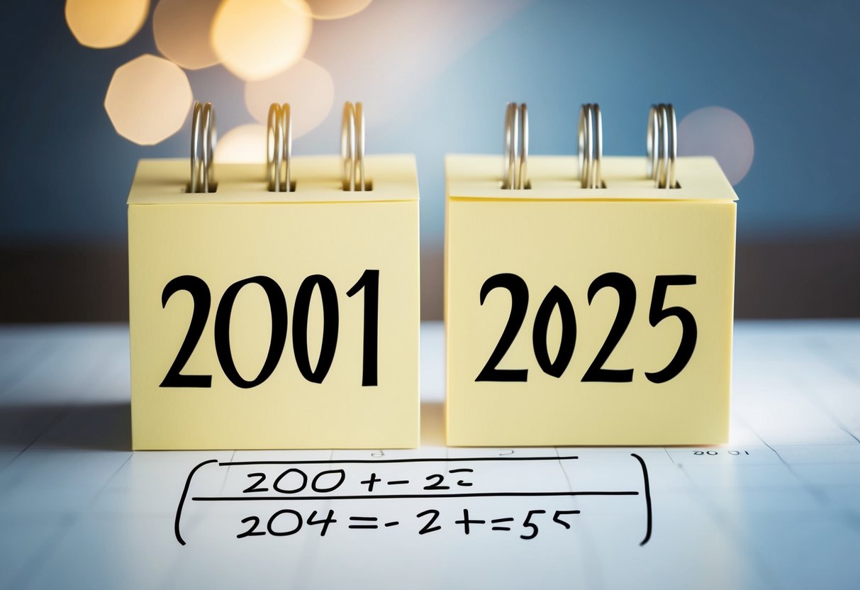 Um calendário mostrando os anos 2001 e 2025 com uma equação matemática escrita abaixo