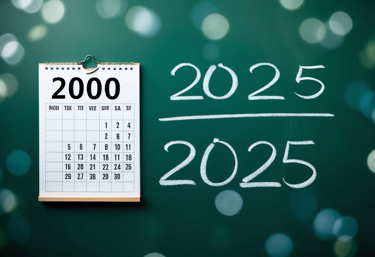 Um calendário mostrando os anos 2000 e 2025 com uma equação matemática escrita em um quadro-negro