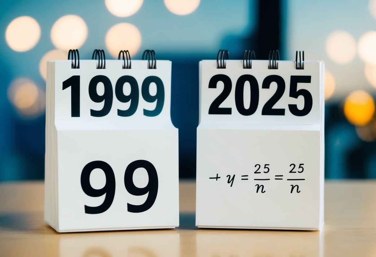 Um calendário mostrando o ano de 1999 e o ano de 2025 com uma equação matemática escrita ao lado.