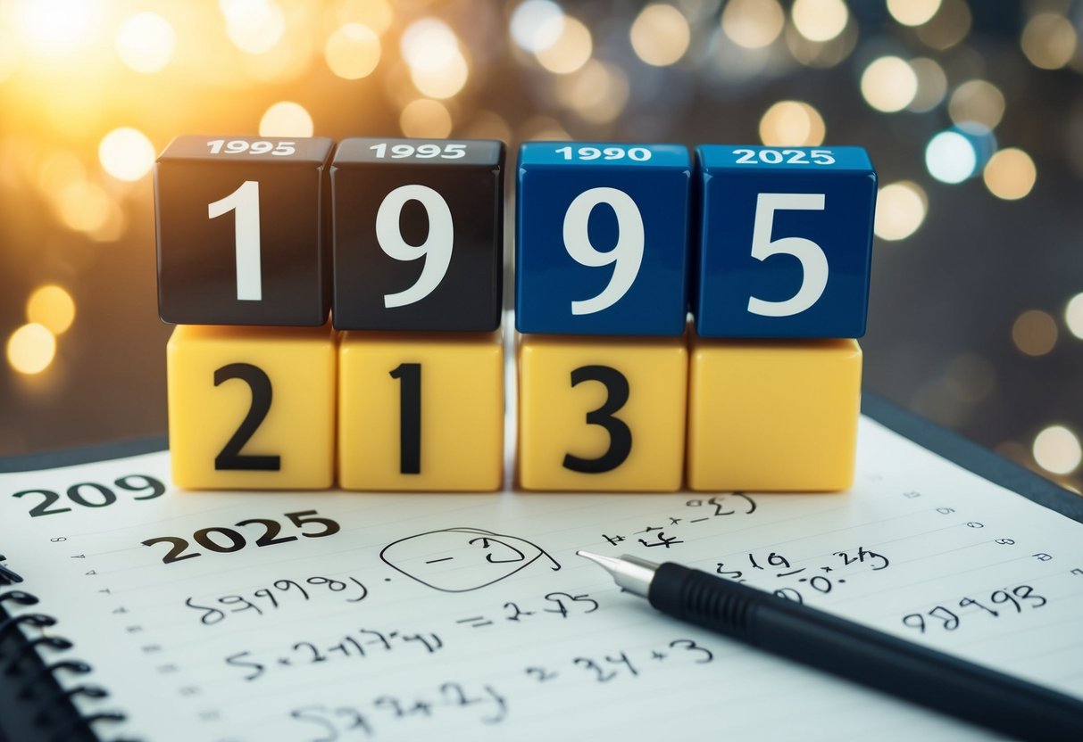 Um calendário mostrando os anos de 1995 e 2025, com uma equação matemática escrita em um pedaço de papel