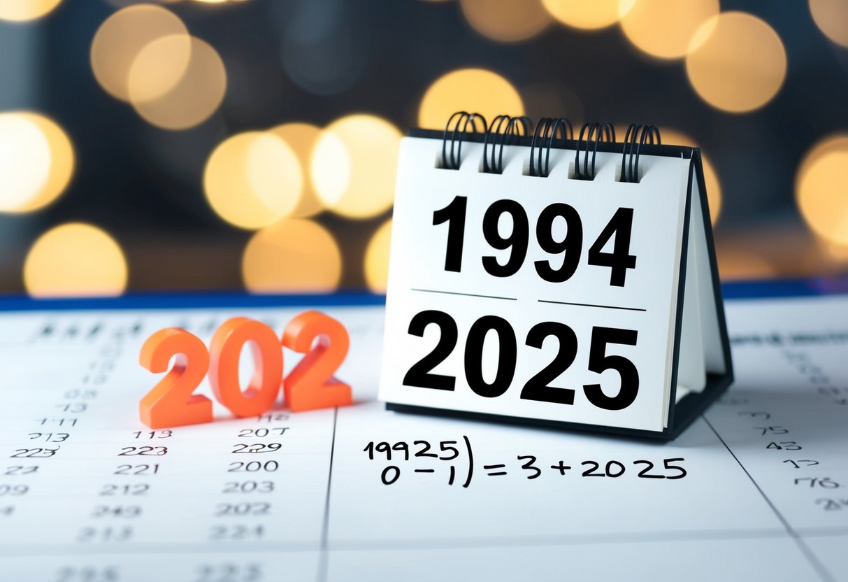 Um calendário mostrando os anos de 1994 e 2025 com uma equação matemática escrita ao lado.