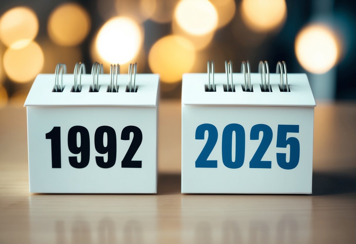 Um calendário mostrando os anos de 1992 e 2025, com um foco claro nos dois anos relevantes