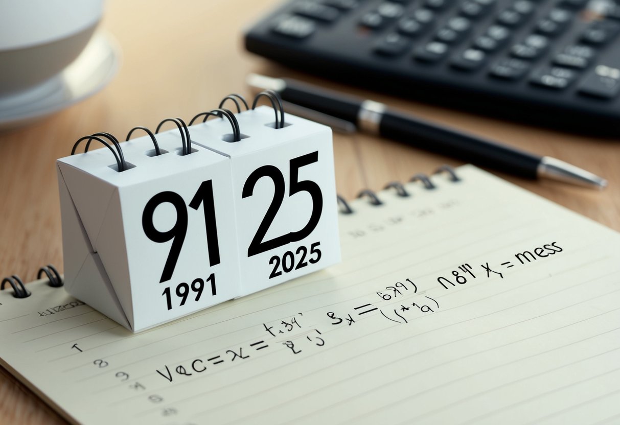 Um calendário mostrando os anos de 1991 e 2025 com uma equação matemática escrita em um pedaço de papel