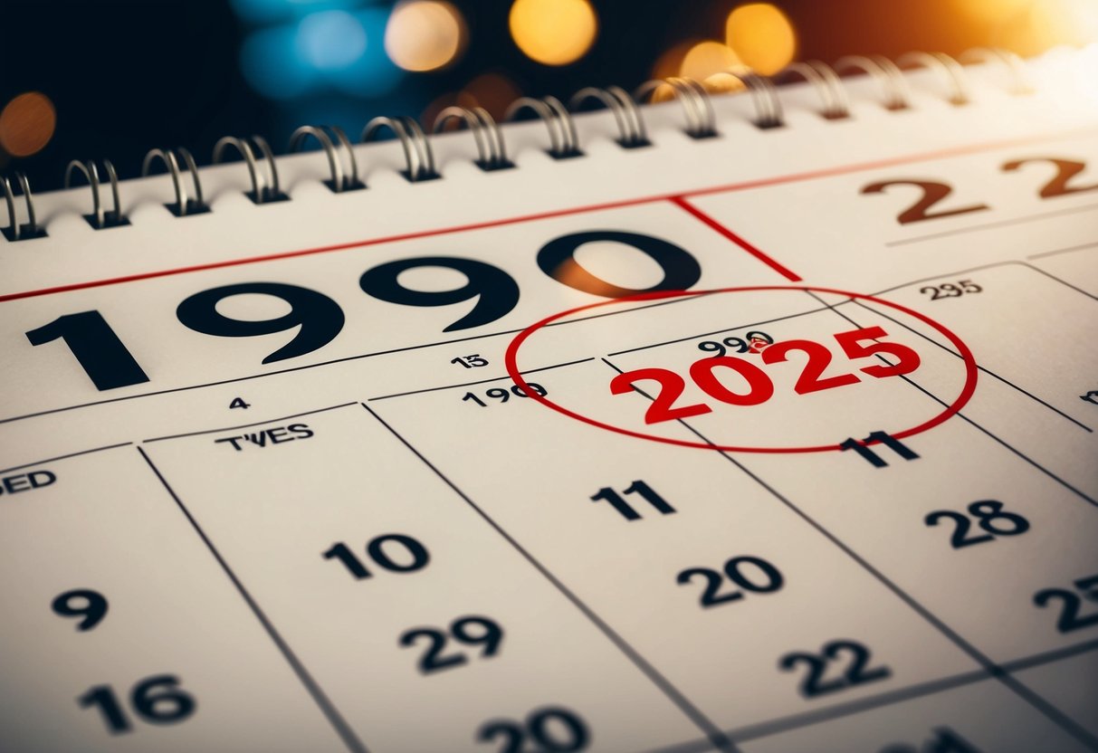 Uma página de calendário com o ano de 1990 circulado e o ano de 2025 destacado