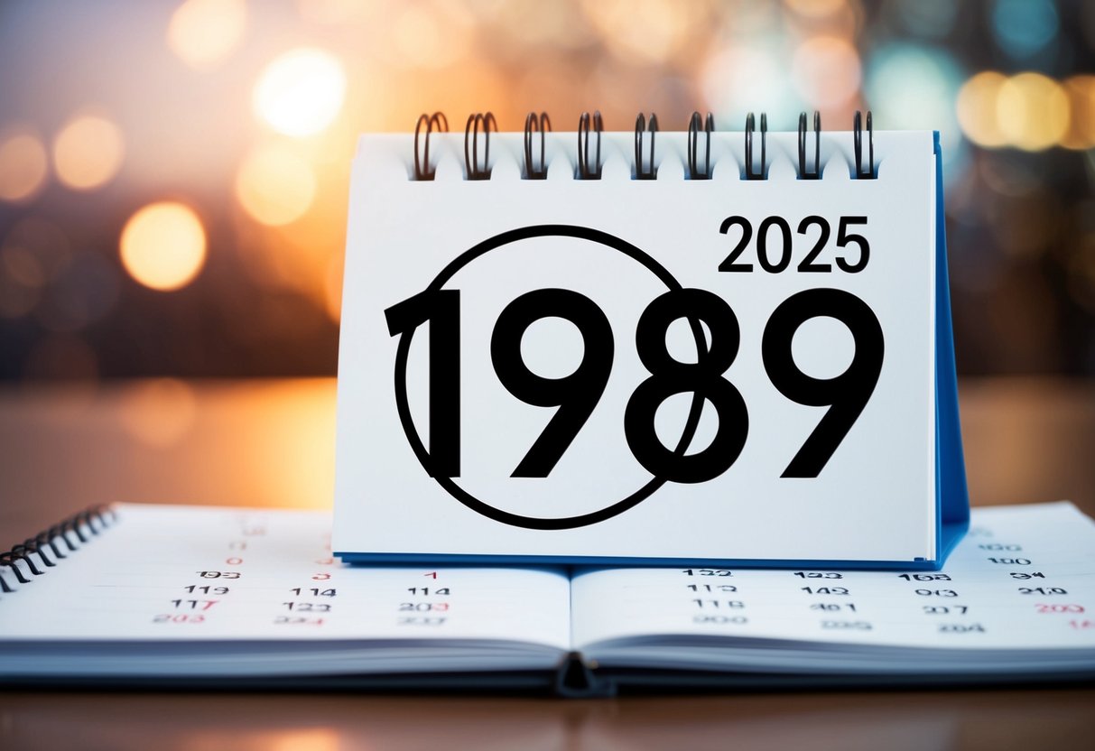 Um calendário com o ano de 1989 circulado e o ano de 2025 destacado