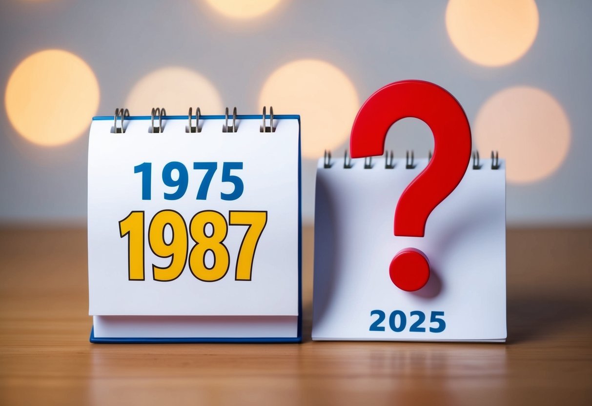 Um calendário mostrando os anos de 1987 e 2025 com um ponto de interrogação acima do último ano