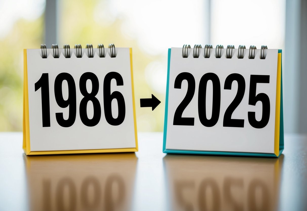 Um calendário mostrando o ano de 1986 e o ano de 2025 com uma seta apontando de um para o outro