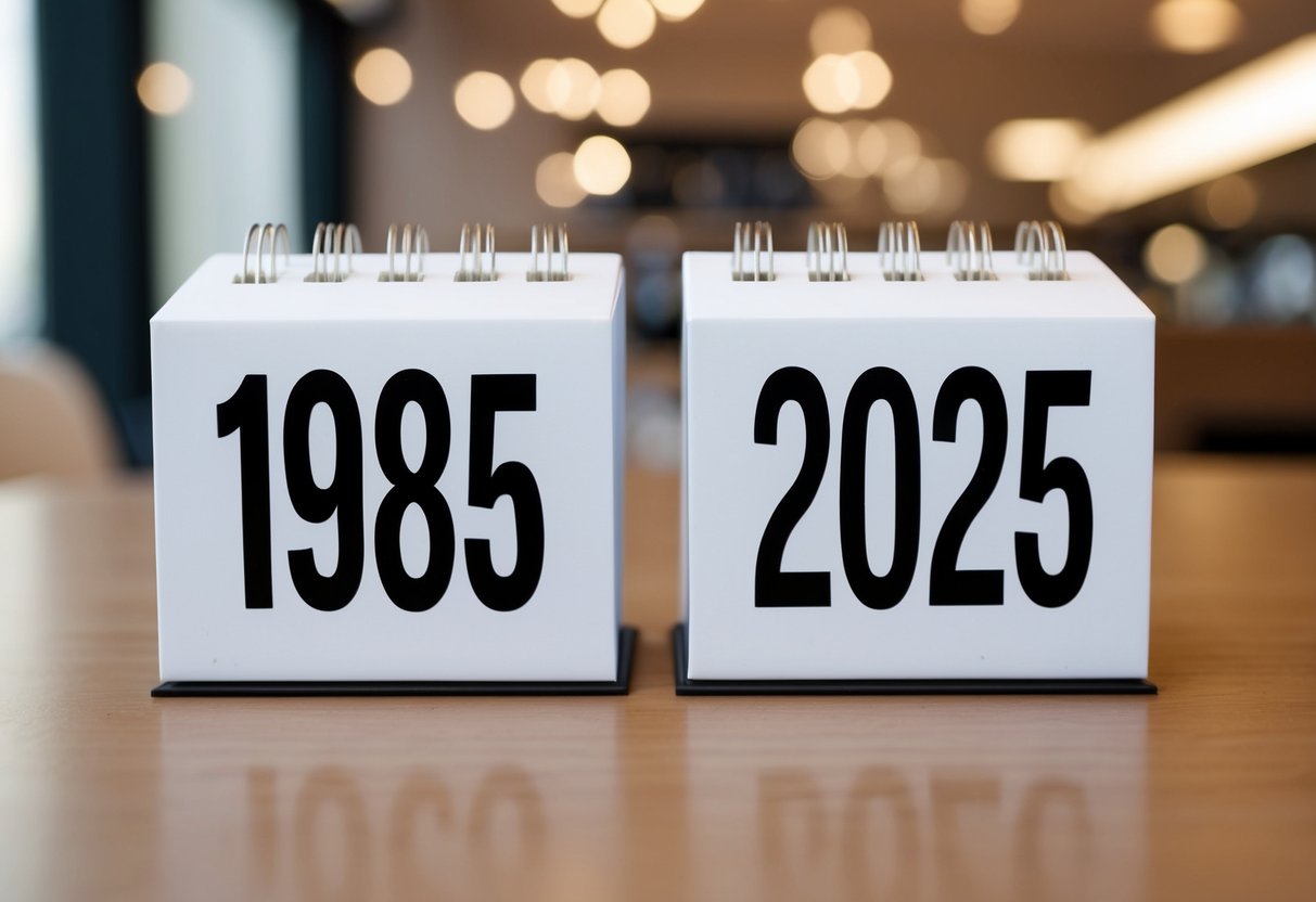 Um calendário mostrando os anos de 1985 e 2025 com um foco claro nas duas datas