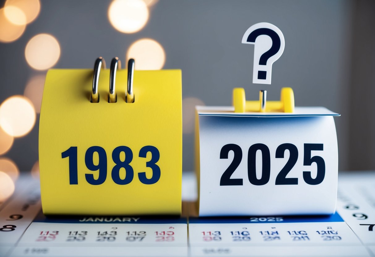 Um calendário mostrando os anos 1983 e 2025 com um ponto de interrogação acima do último ano