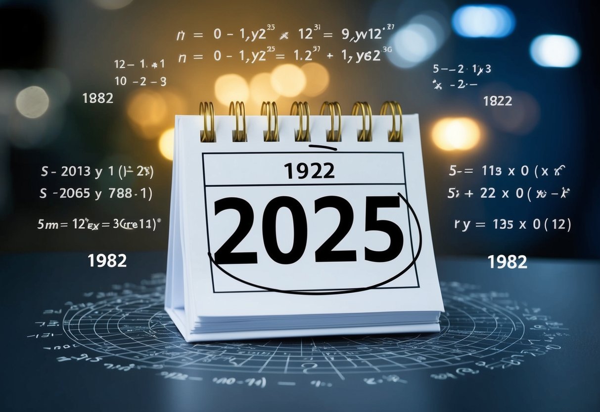 Um calendário mostrando o ano de 2025 com o ano de nascimento de 1982 circunscrito, cercado por equações e cálculos matemáticos.