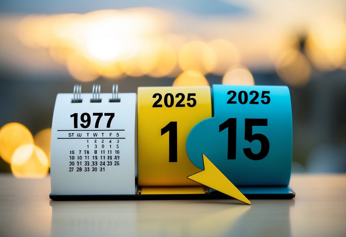 Um calendário mostrando os anos de 1977 e 2025 com uma seta apontando de 1977 para 2025