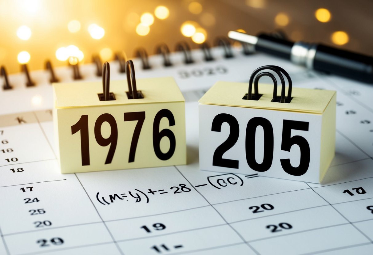 Uma página de calendário mostrando os anos de 1976 e 2025 com uma equação matemática escrita.