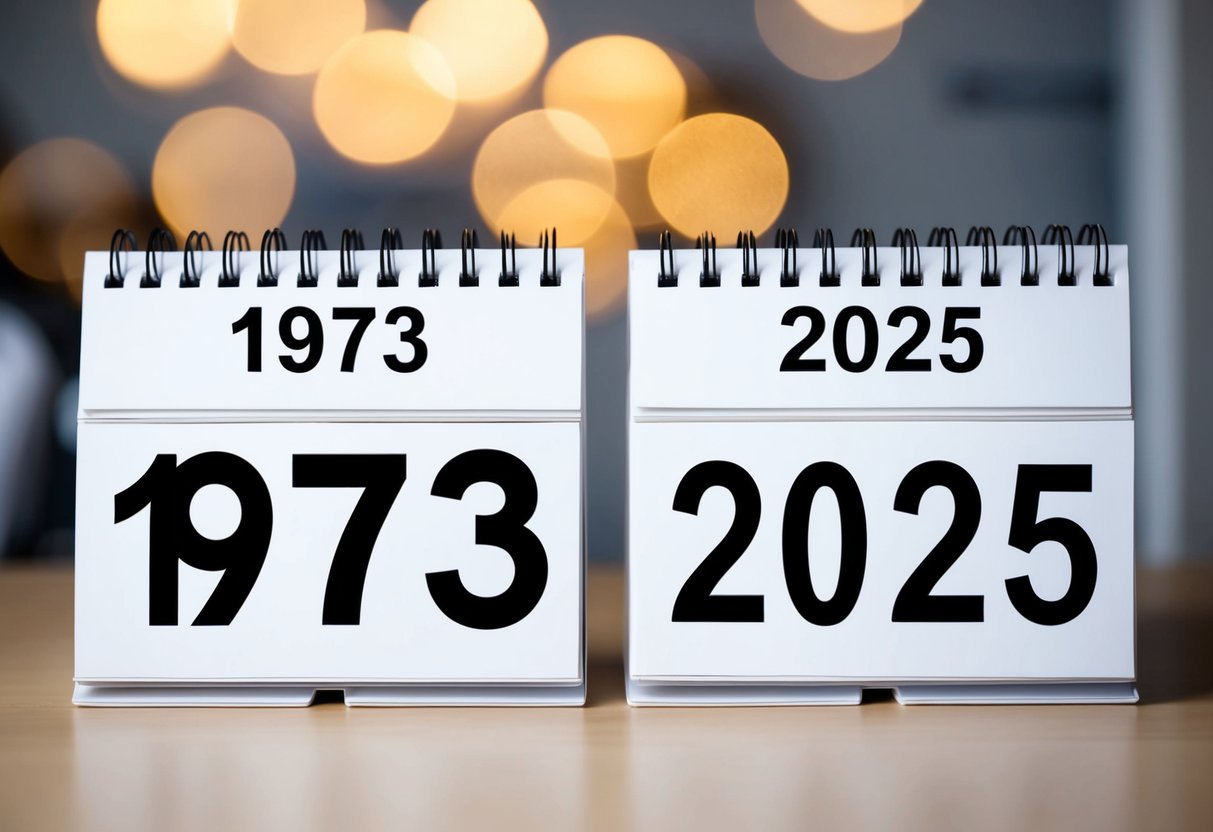 Um calendário mostrando os anos de 1973 e 2025 com uma clara indicação da diferença de 52 anos