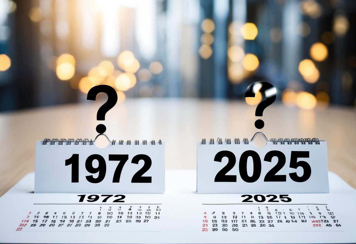 Uma página de calendário mostrando os anos 1972 e 2025 com um ponto de interrogação acima do último ano