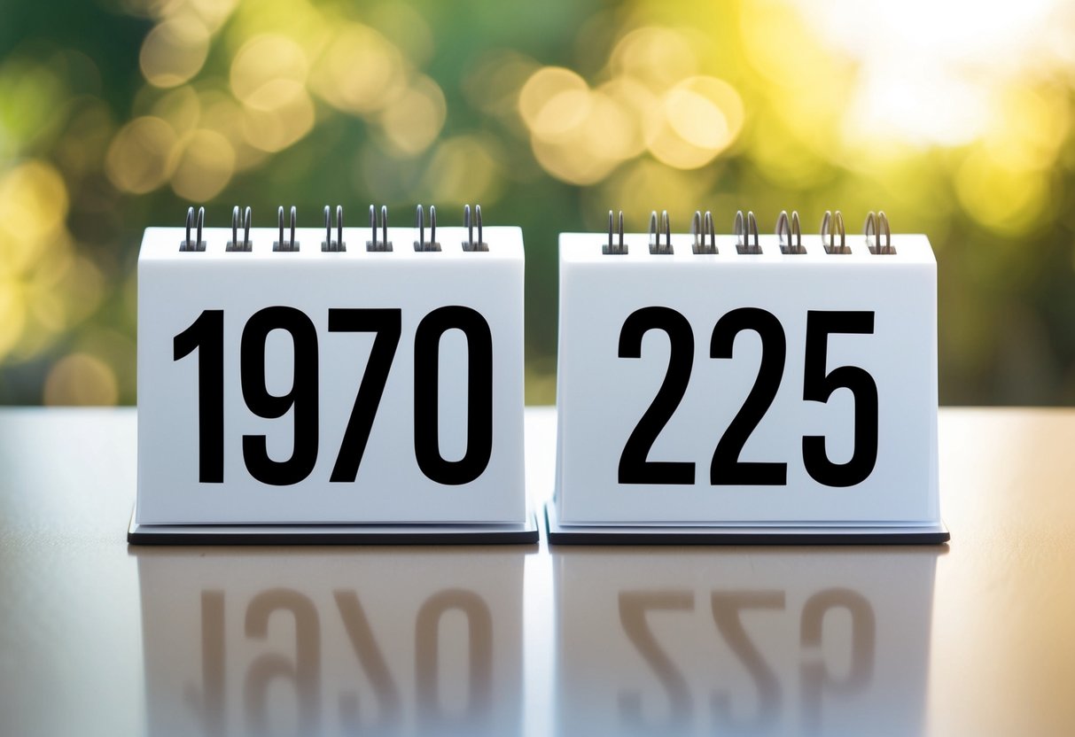 Um calendário mostrando os anos de 1970 e 2025 com uma clara indicação visual da passagem do tempo